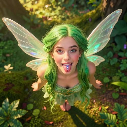 Photograph of a green-haired fairy girl with transparent wings, sticking out her tongue, looking up with blue glowing tongue, in a lush forest. Bright