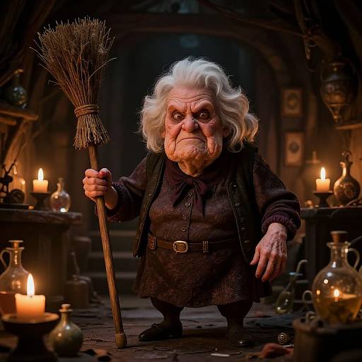 Photorealistic CGI of an old witch with white hair, deep wrinkles, and a broomstick, standing in a dimly lit, candlelit