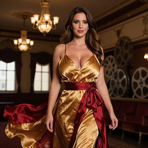 Photograph of a brunette woman with long hair, wearing a gold and red satin dress with a deep neckline, walking in an ornate, vintage-style