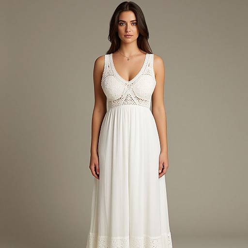 Photograph of a woman with medium brown skin and dark hair in a white, sleeveless, lace-trimmed V-neck maxi dress, standing against