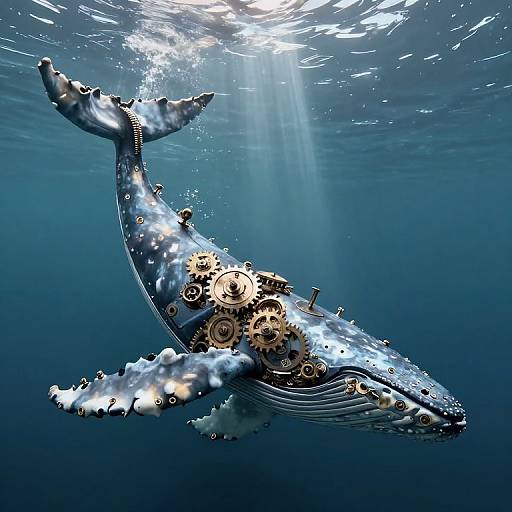 Photorealistic digital art of a blue whale with gears and clockwork mechanisms integrated into its body, swimming underwater with sunlight filtering through the water.