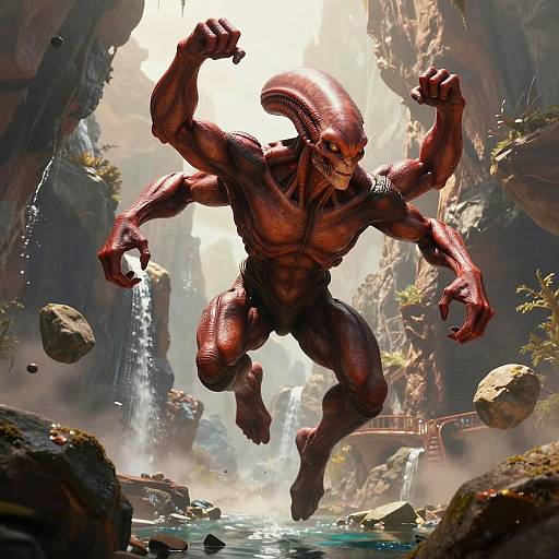 Red Four-Armed Alien in Gravity-Distorted Canyon