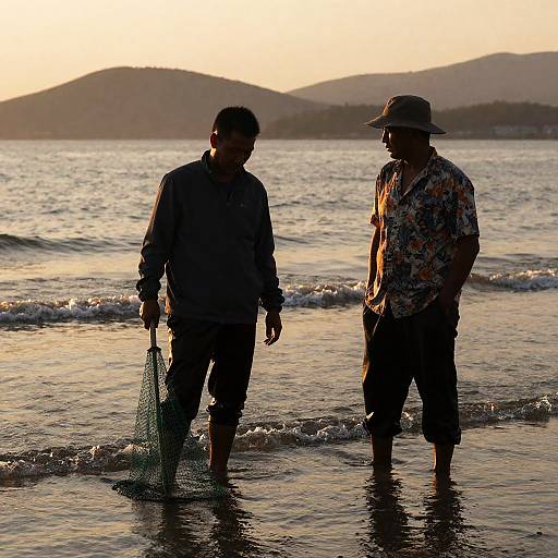 Silhouetted Men Fishing at Sunset