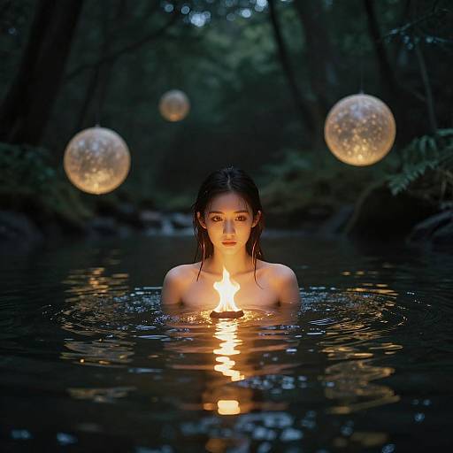 Photograph of a wet-haired woman with glowing candlelight above her chest, floating in dark, forested water, with glowing orbs in background.