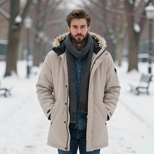 Man in Beige Parka Standing in Snowy Park