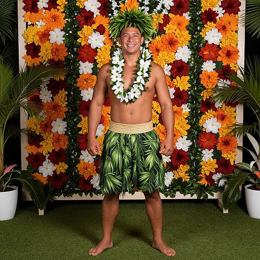 Shirtless man in green leaf hula skirt, white flower lei, and green feathered headpiece, stands smiling against colorful flower backdrop. Photograph
