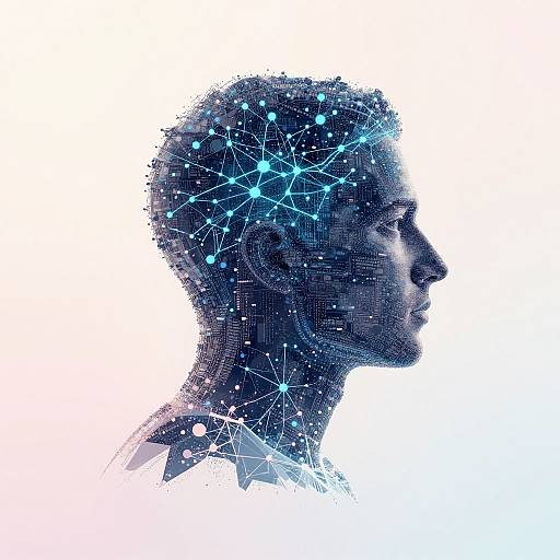 Silhouette of a person's profile with a glowing, star-filled brain against a white background, depicting a futuristic, digital mind concept.