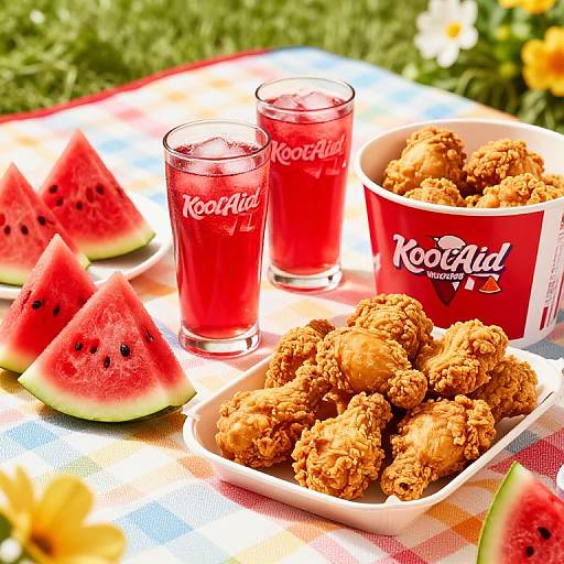Photograph of a colorful outdoor table with watermelon slices, Koala Pouch red drinks, and crispy golden nuggets on a checkered blanket.