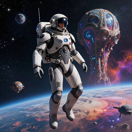 Digital artwork: Astronaut in white spacesuit floating near futuristic spaceship, colorful nebula, and planet against starry space backdrop. Earth below.