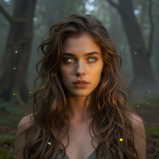 Photorealistic digital portrait of a young woman with long, wavy brown hair, glowing green eyes, and a forest background with floating fireflies.