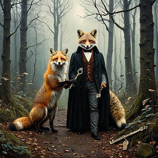 Elegant Fox and Dressed Fox in Misty Forest