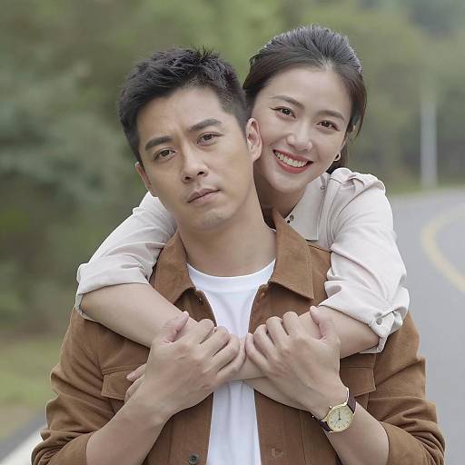 Couple Embracing Outdoors on Roadside