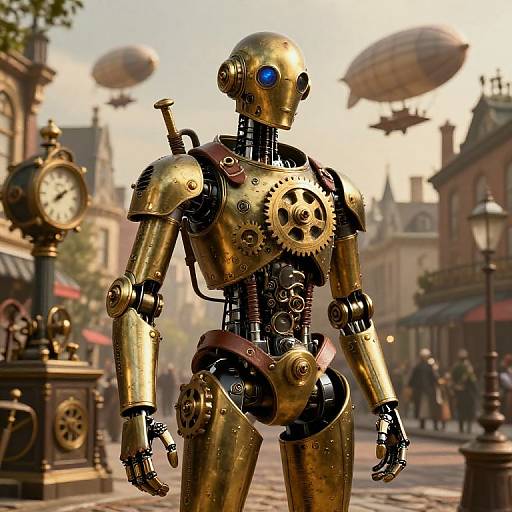 Photorealistic CGI: Steampunk-style golden robot with blue eye, exposed gears, and cogs, standing on a bustling Victorian-era street with