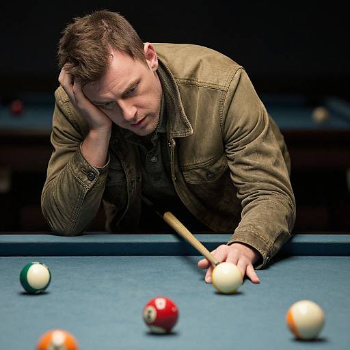 Photograph of a contemplative man with short brown hair, wearing a brown jacket, leaning on a pool table, aiming a cue stick at white ball