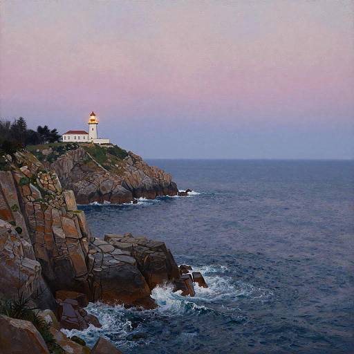Photograph of a coastal lighthouse with a golden dome, perched on rocky cliffs, overlooking a calm, purple-hued ocean at dusk.