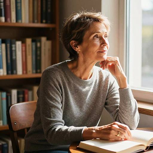 Photograph of an elderly woman with short, gray hair, wearing a gray sweater, sitting by a sunlit window, gazing thoughtfully, with