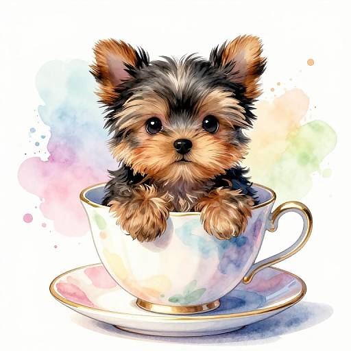 Adorable Baby Yorkie in Watercolor Teacup