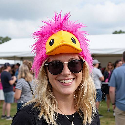 Photograph of a smiling blonde woman wearing a bright pink, fluffy duck hat with yellow beak and black eyes, black sunglasses, and black shirt,
