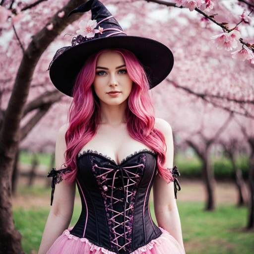 Enchanting Pink Witch in Cherry Blossoms