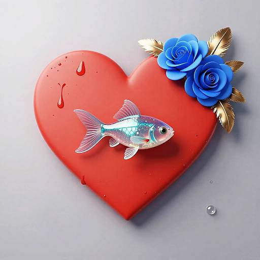 Red Heart with Blue Flowers and Glass Fish