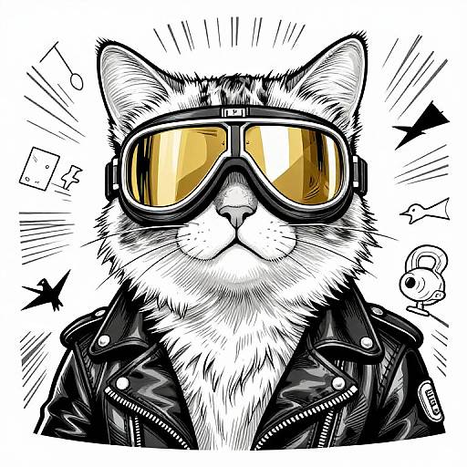 Digital drawing of a white cat with yellow goggles and black leather jacket, surrounded by black sketch lines and icons.