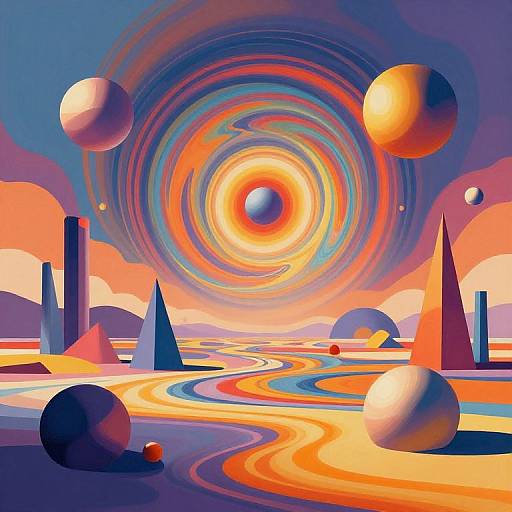Vibrant digital art of a surreal, colorful galaxy with swirling orange and blue suns, geometric shapes, and wavy orange-blue terrain.