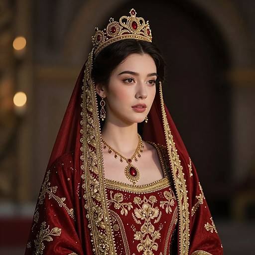 Photograph of a young woman with fair skin, dark hair, wearing a gold crown, red embroidered veil, and matching gown, in a dimly