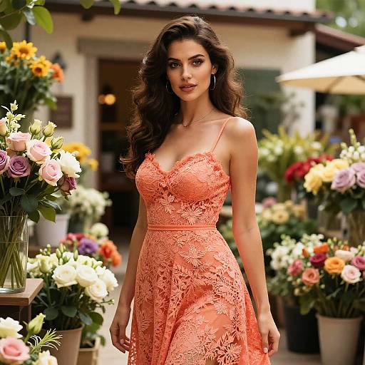 Voluptuous Woman in Coral Lace Dress