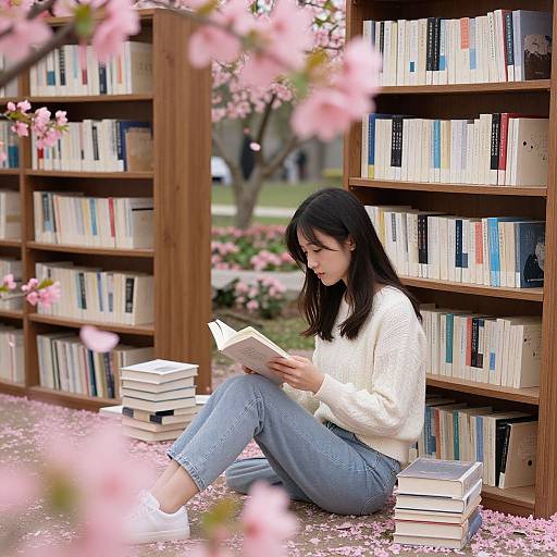 Photograph of an Asian woman with long black hair, wearing a white sweater and blue jeans, sitting among bookshelves, reading a book amidst blo