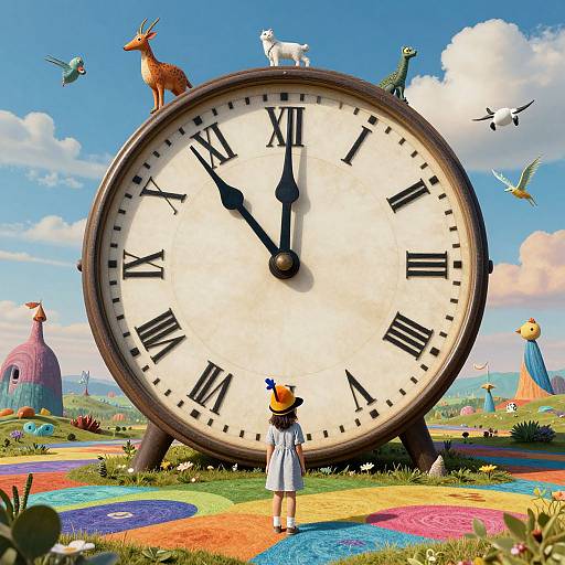 Digital artwork of a young girl in a white dress and orange hat, standing before a giant clock with animals on top, in a colorful, whimsical