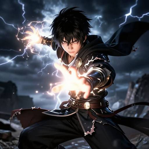 Digital anime artwork of a black-haired male warrior with glowing lightning in his hands, wearing dark, tattered robes, against a stormy, rocky backdrop