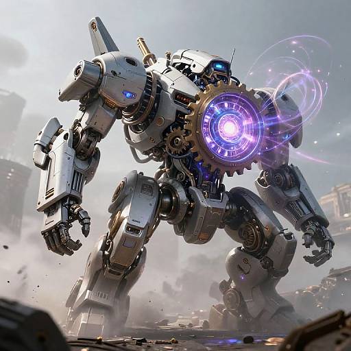 CGI image of a large, white, futuristic robot with glowing blue and purple energy on its right arm, standing in a dusty, ruined cityscape
