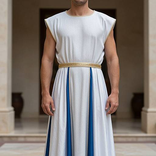 Photograph of a muscular man from neck to knees, wearing a white and blue striped tunic with a gold waistband, standing in a marble-column