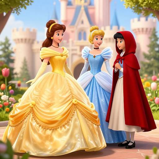 Digital illustration of three fairy tale characters: yellow princess, blue princess, red hooded girl, in a sunny castle garden. Bright colors, detailed dresses