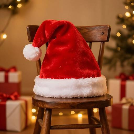 Photograph of a red Santa hat with white trim, sitting on a wooden chair, blurred Christmas lights and wrapped gifts in background.