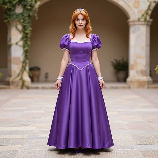 Photograph of a red-haired woman in a purple, medieval-style ball gown with puffed sleeves, white trim, and tiara, standing in a
