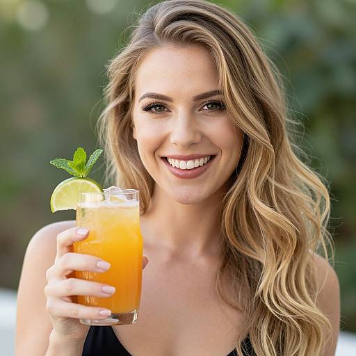 Photograph of a smiling blonde woman with wavy hair, holding a refreshing orange drink with a lemon slice and mint, against a blurred green outdoor background