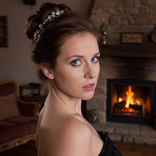 Photograph of a fair-skinned woman with blue eyes, wearing a black off-shoulder dress and silver hairpiece, standing by a lit stone