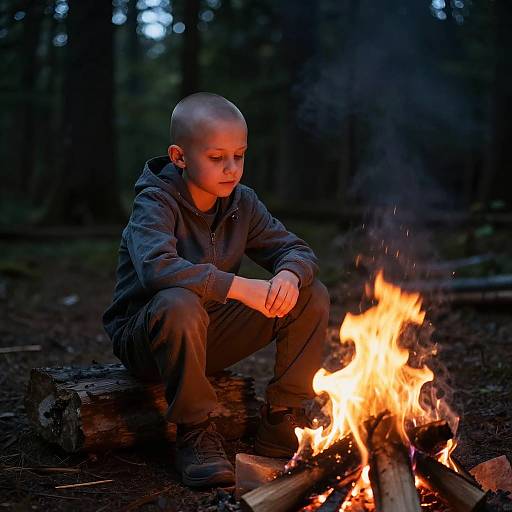 Photograph of a bald, young boy in a dark hoodie and pants, sitting by a bright campfire in a dark forest at night, focused on