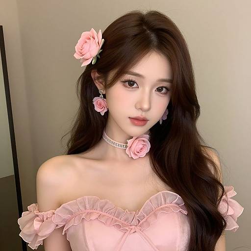 Photograph of an East Asian woman with long black hair, wearing a pink off-shoulder dress, pink flower hair accessory, matching earrings, and