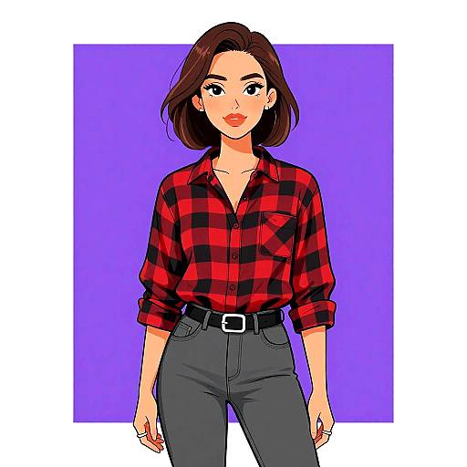 Digital illustration of a young woman with medium-length brown hair, wearing a red-black plaid shirt and black pants, standing against a purple background.