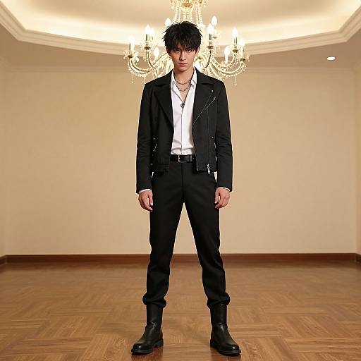 Photograph of a young Asian man with black, messy hair, wearing a black blazer, white shirt, black pants, and boots, standing in