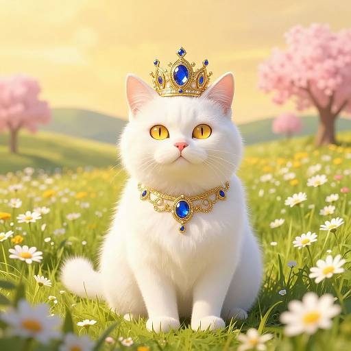 Digital artwork of a regal white cat with golden eyes, wearing a blue and gold crown and necklace, sitting in a sunlit meadow of d