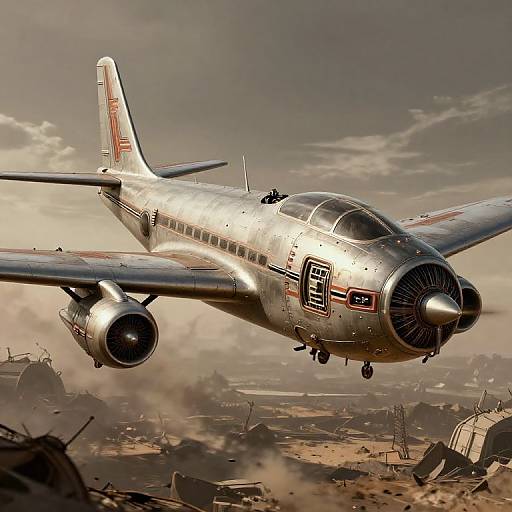 Photorealistic digital image of a silver, vintage jet aircraft with 