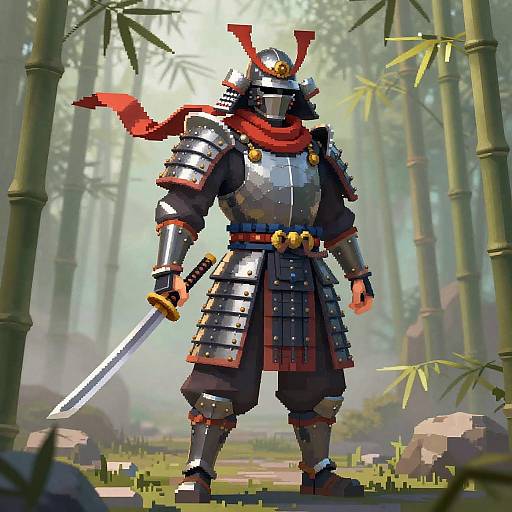 Dithered Samurai in Misty Bamboo Grove