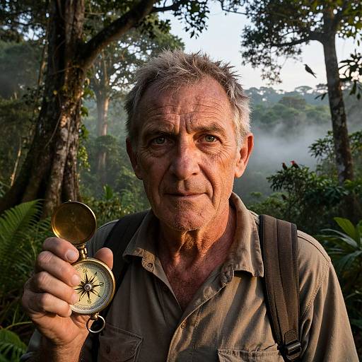 Photograph of an older man with gray hair holding a brass compass with a black needle, standing in a misty, dense forest.