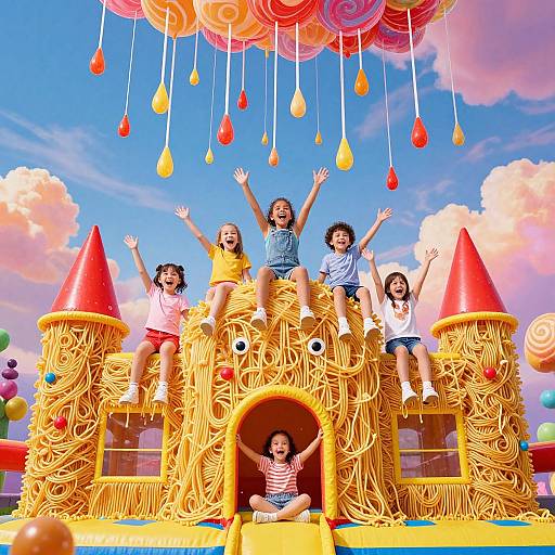 Photograph of four children joyfully jumping from a vibrant, pasta-themed castle bouncy house, under a colorful candy cloud backdrop.