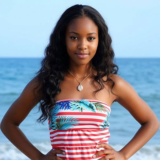 Photograph of a Black woman with long, wavy hair, wearing a red and white striped, tropical-patterned strapless top, standing hands on