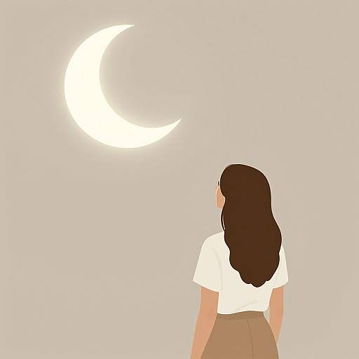 Digital illustration of a woman with long brown hair, white shirt, and brown skirt, gazing at a glowing crescent moon against a beige background.