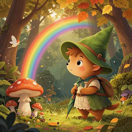 Cute cartoon fox in green wizard hat and white dress holds umbrella under autumn rainbow, beside red mushrooms, with butterfly.